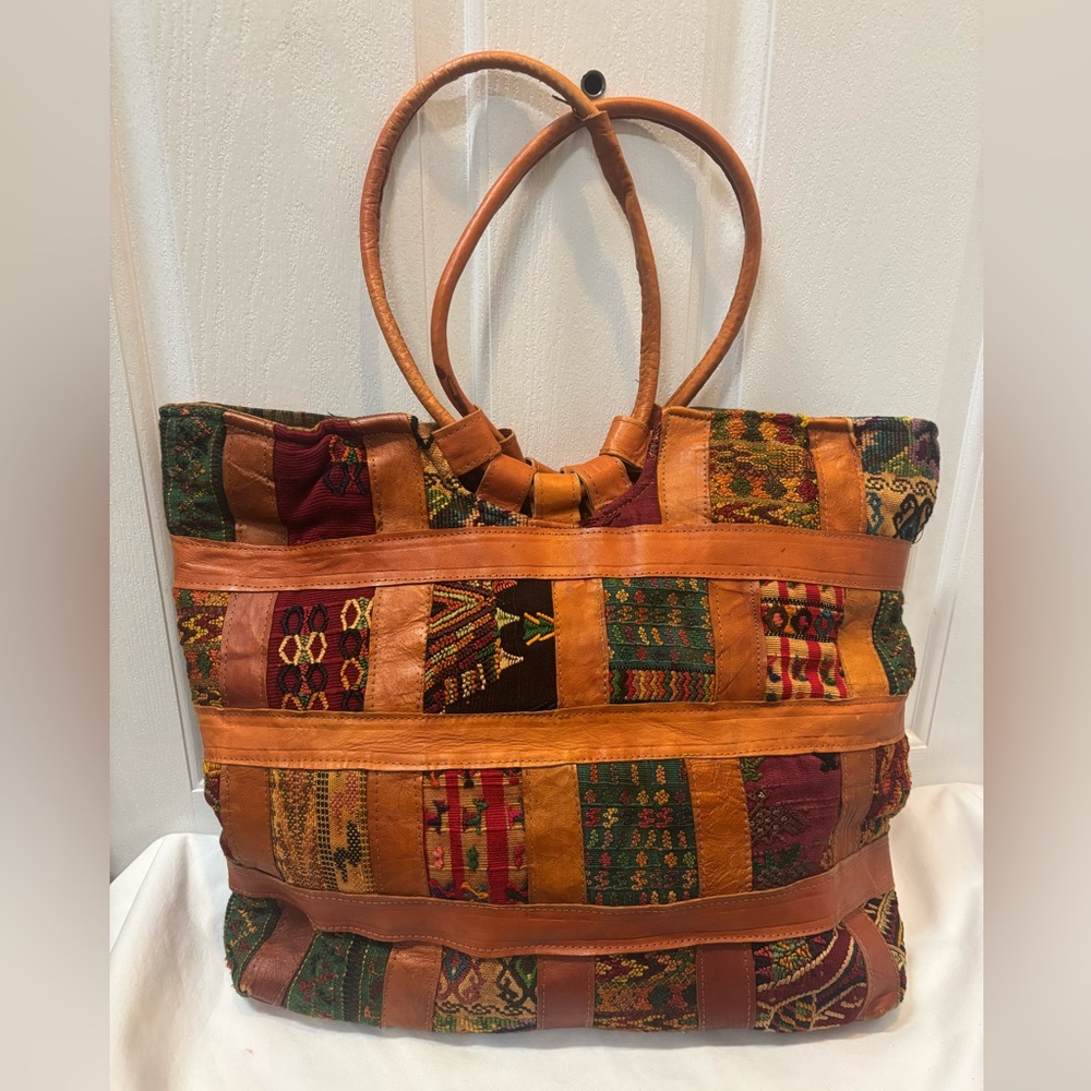 Patchwork Tote Bag - Multicolor Leather Cotton Ba… - image 4